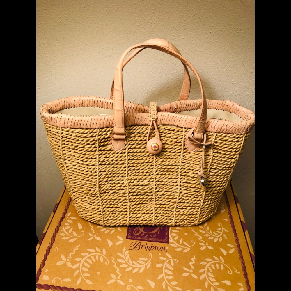 ❤️NEW LARGE HANDWOVEN BRIGHTON STRAW & PINK LEATHER BAG